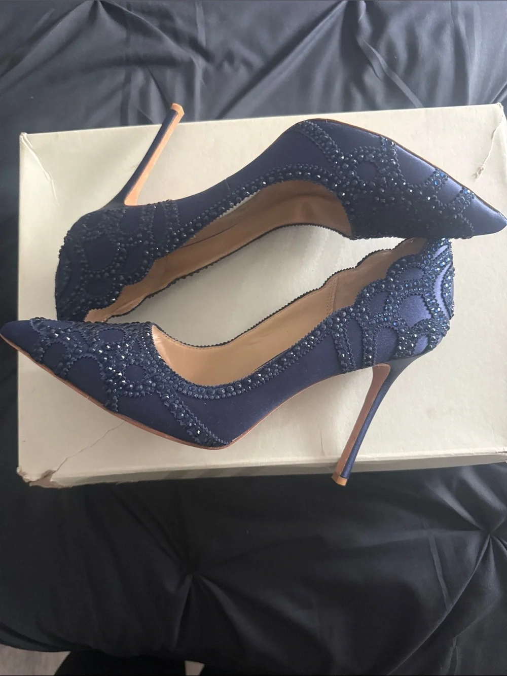 Badgley Mischka Navy Beaded Pointed-Toe Pumps